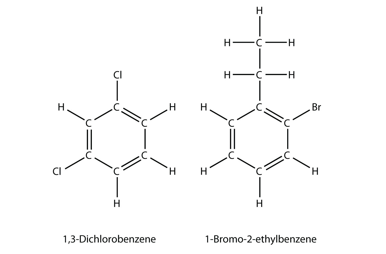 Se muestran las estructuras de 1,3-diclorobenceno y 1-bromo-2-etilbenceno.