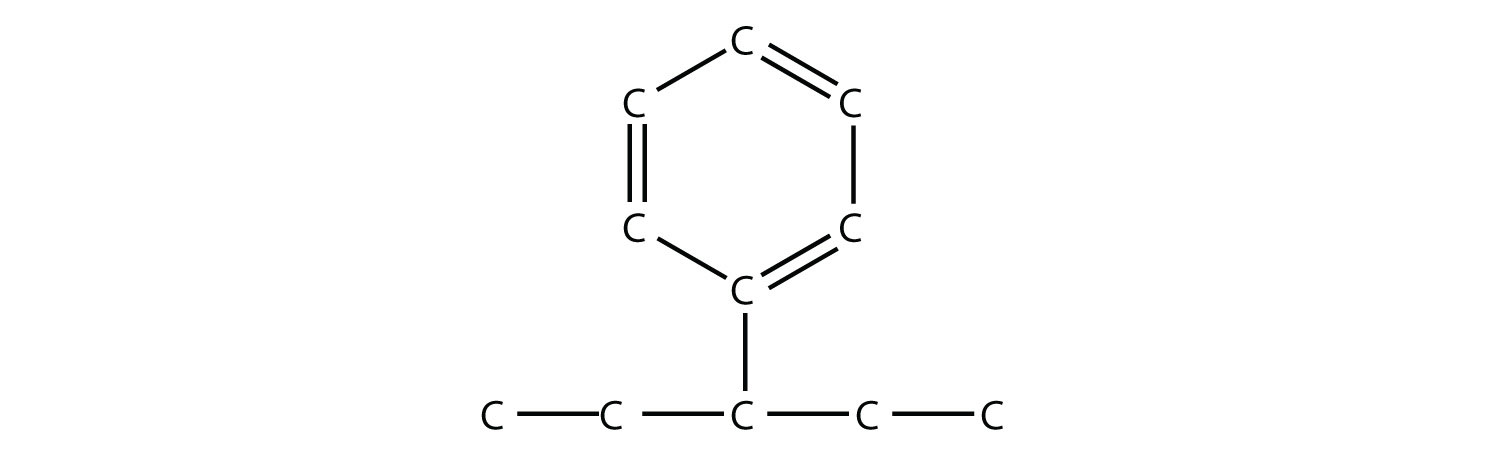 Una cadena de cinco carbonos con un grupo fenilo en el tercer carbono.