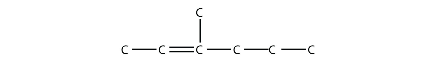 Una cadena de seis carbonos con un doble enlace entre el segundo y tercer carbono y un grupo metilo en el tercer carbono.
