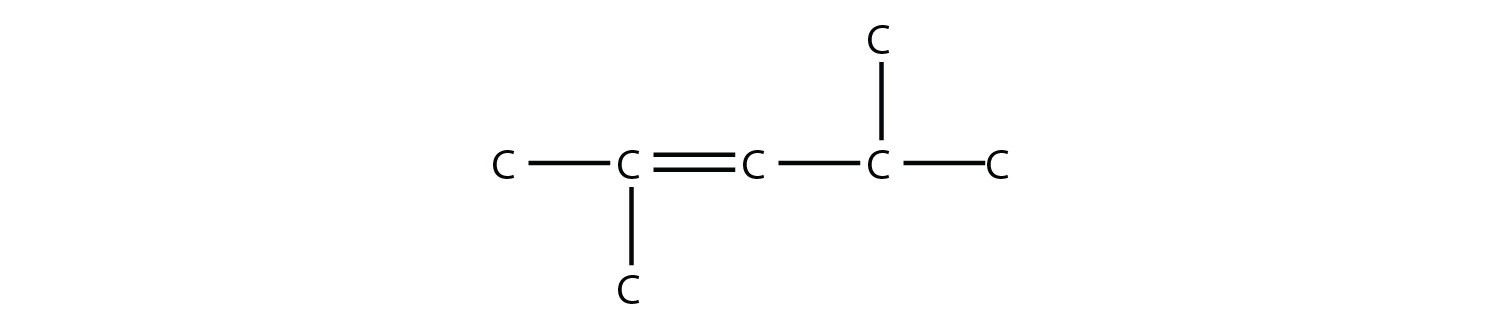 Una cadena de cinco carbonos con un doble enlace entre el segundo y tercer carbonos y dos grupos metilo, uno en el segundo carbono y otro en el cuarto carbono.
