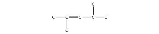 A five carbon chain with a double bond between the second and third carbons and two methyl groups, one on the second carbon and one on the fourth carbon.