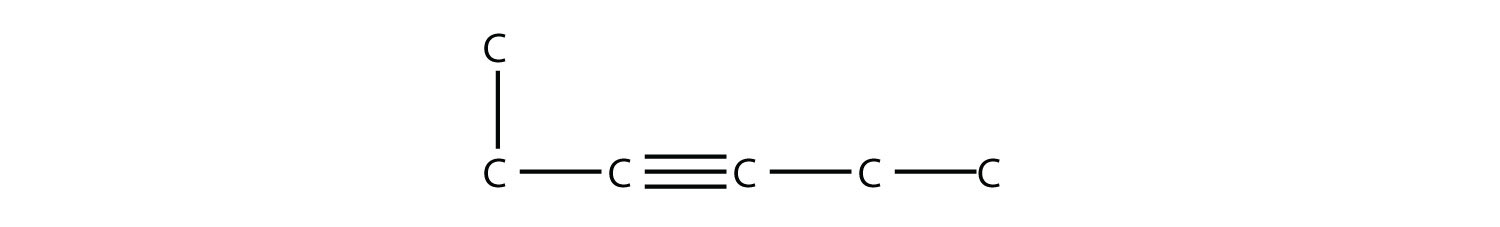 Una cadena de cinco carbonos con un grupo metilo en el primer carbono y un triple enlace entre el segundo y tercer carbonos.