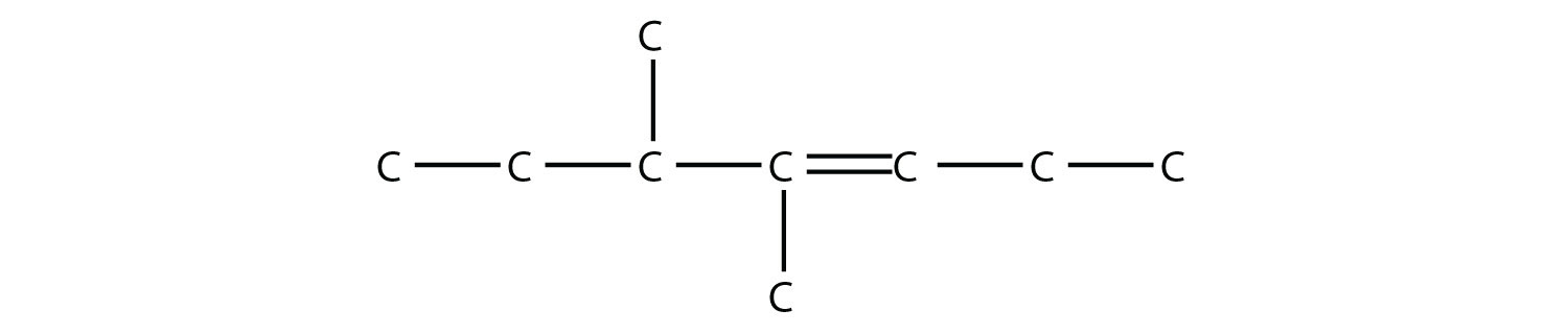 Una cadena de siete carbonos con un doble enlace entre el cuarto y quinto carbonos. Hay un grupo metilo en el tercer y cuarto carbonos.