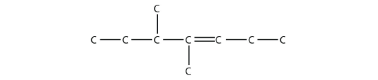 A seven carbon chain with a double bond between the fourth and fifth carbons. There is a methyl group on the third and fourth carbons.