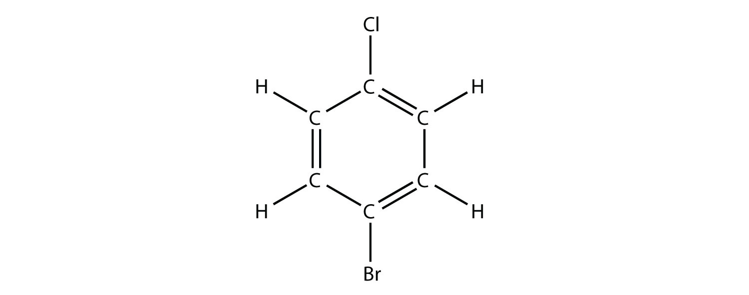 Un anillo aromático de 6 miembros con un cloro en el carbono superior y un bromo en el carbono inferior.