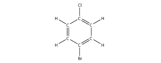 An aromatic 6 membered ring with a chlorine on the top carbon and a bromine on the bottom carbon.