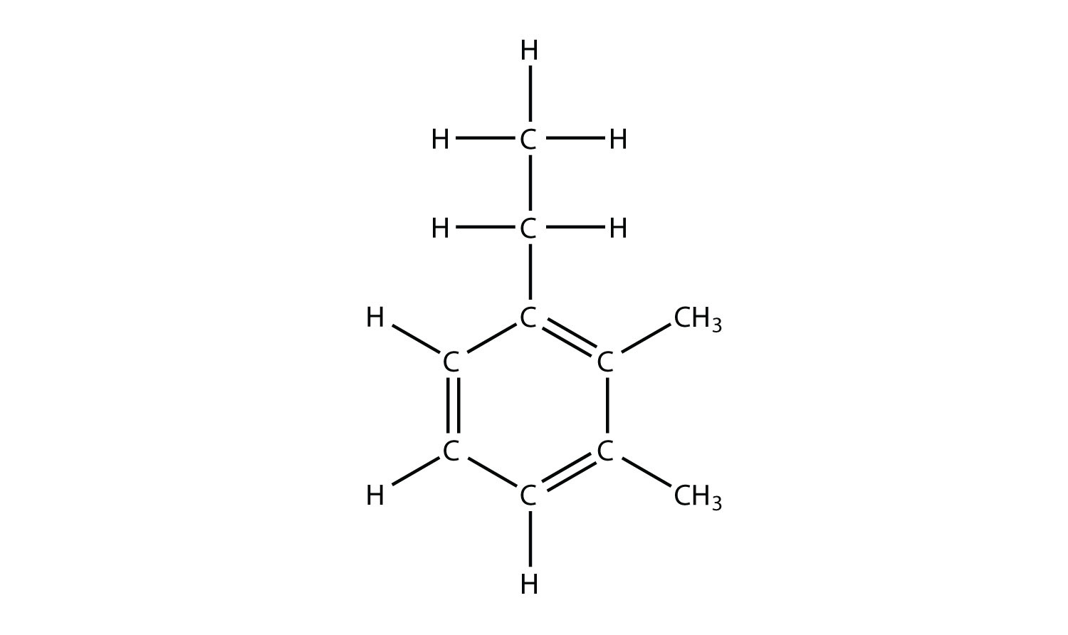 Un anillo aromático de seis miembros con un grupo etilo en el carbono superior y cada uno de los dos carbonos a la derecha tienen un grupo metilo.