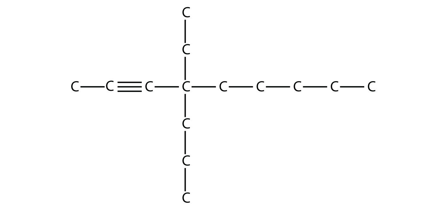 Una cadena de nueve carbonos con un triple enlace entre el segundo y tercer carbono y un grupo etilo y un grupo propilo en el cuarto carbono.