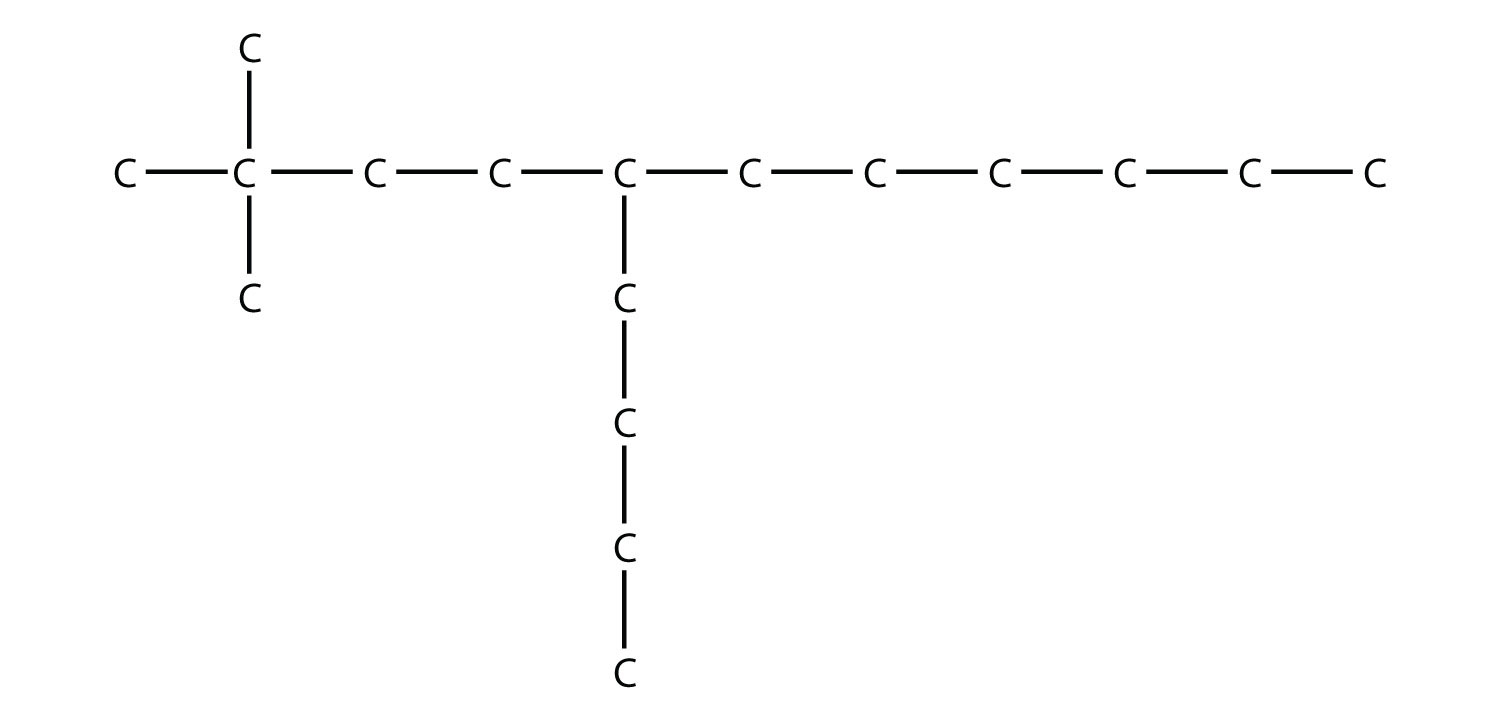 Una cadena de diez carbonos con dos grupos metilo en el segundo carbono y un grupo butilo en el quinto carbono.