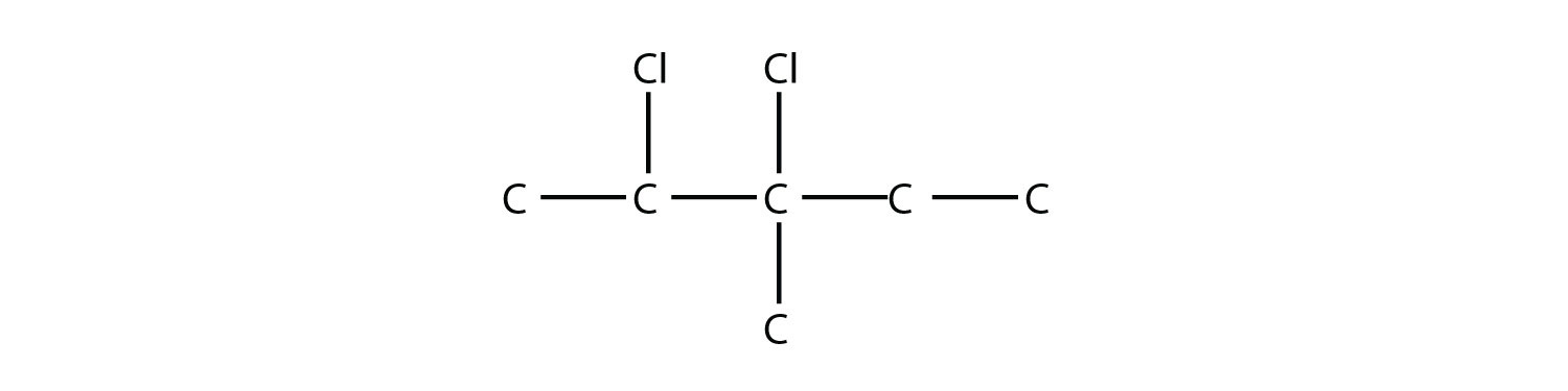 Una cadena de cinco carbonos con un grupo metilo en el tercer carbono y dos cloros, uno cada uno en el segundo y tercer carbono.