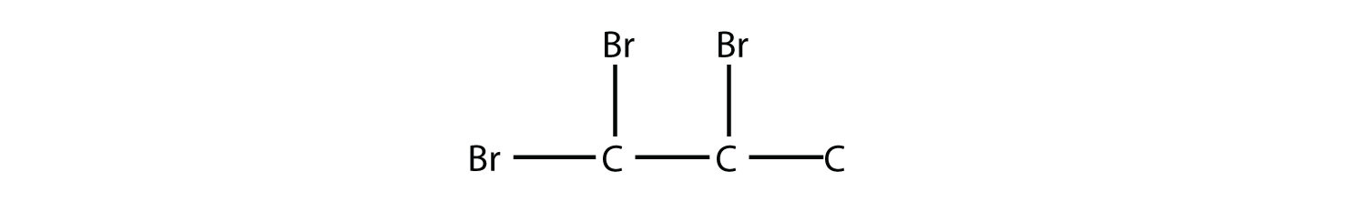 Una cadena de tres carbonos con dos bromo en el primer carbono y otro bromo en el segundo carbono.