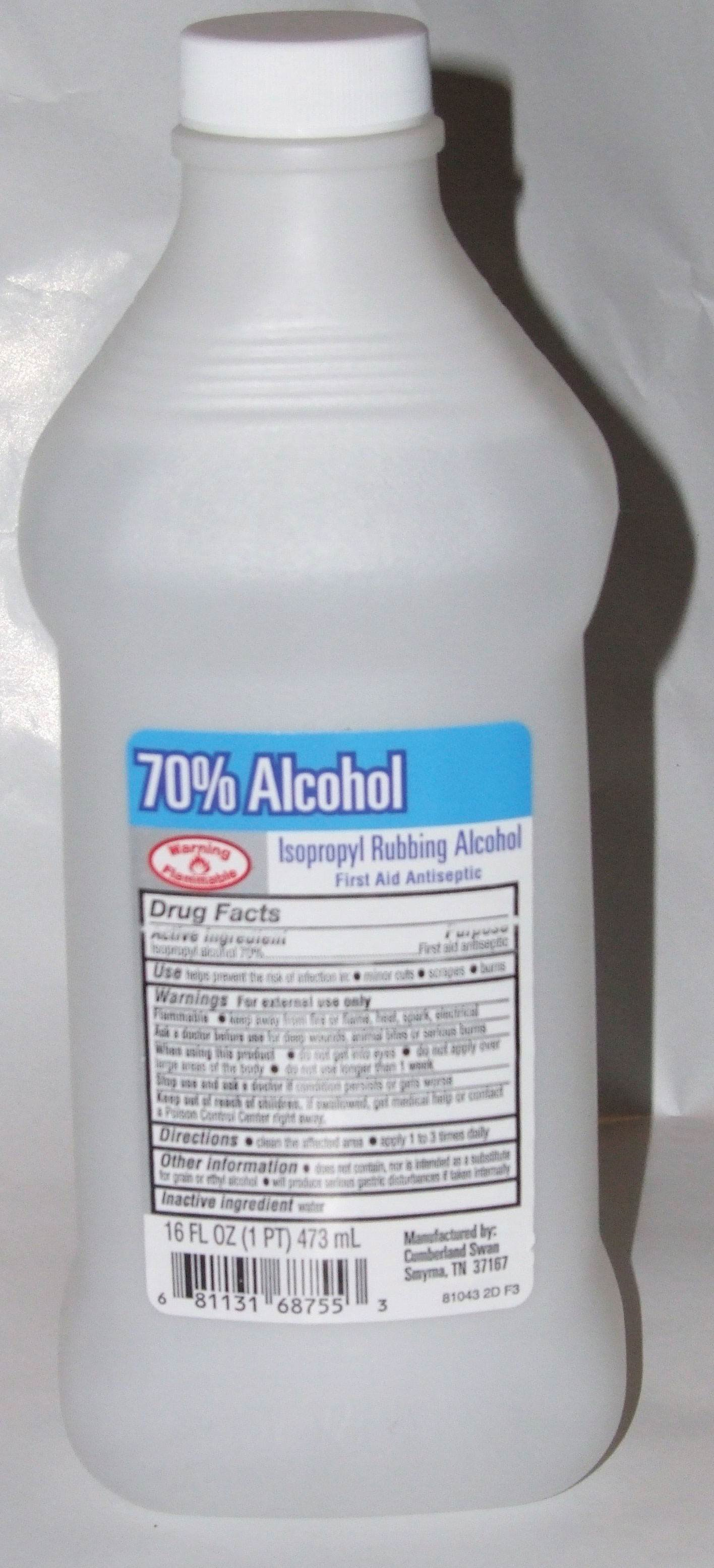 A bottle of 70% isopropyl rubbing alcohol is shown against a white background.