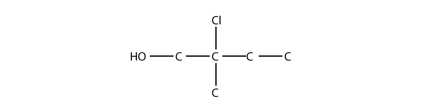 Se muestra una cadena de cuatro carbonos con un grupo hidroxi en el primer carbono y grupos metilo y cloro en el segundo carbono.