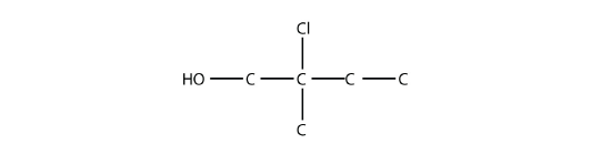 A four carbon chain is shown with a hydroxy group on the first carbon and methyl and chlorine groups on the second carbon.