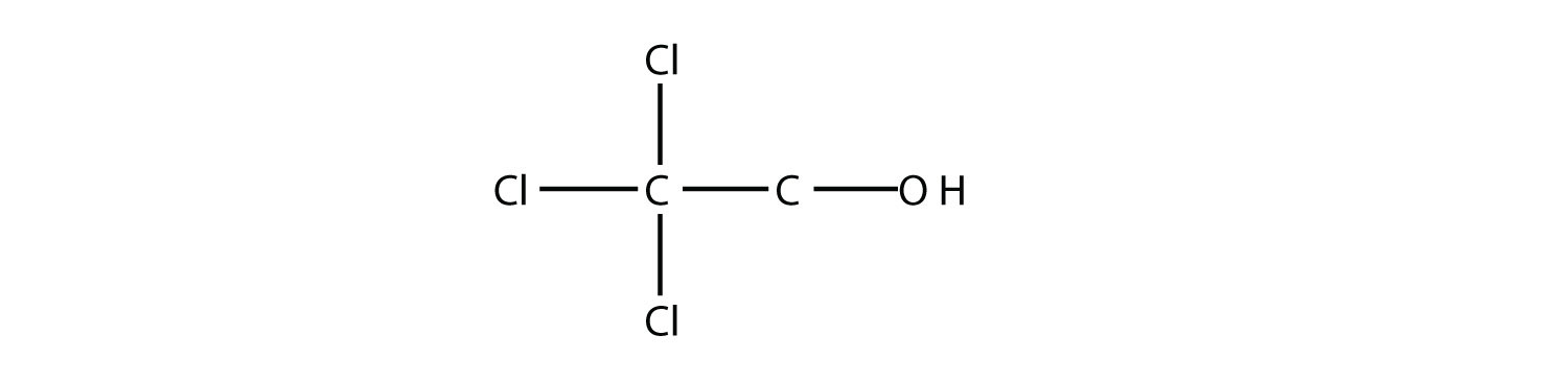 Una cadena de dos carbonos con tres cloros en el primer carbono y un grupo hidroxi en el segundo carbono.