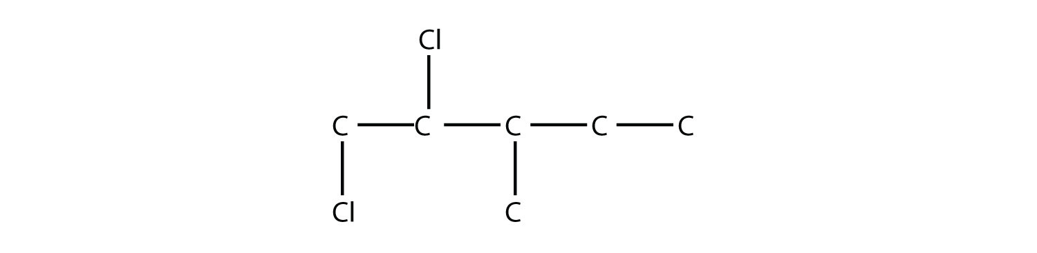 Una cadena de cinco carbonos con un cloro en el primer y segundo carbonos y un grupo metilo en el carbono 3.