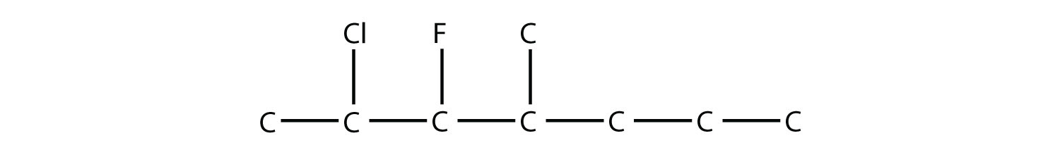 Una cadena de siete carbonos con un cloro sobre el carbono 2, flúor en el carbono 3 y un grupo metilo en el cuarto carbono.