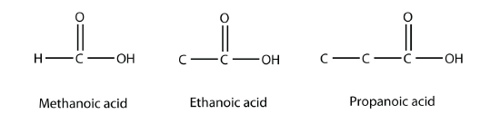 Structures of methanoic, ethanoic, and propanoic acids.