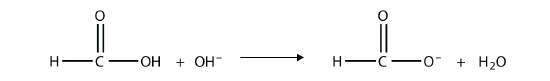 Methanoic acid reacts with OH- to form methanoate ion and water.