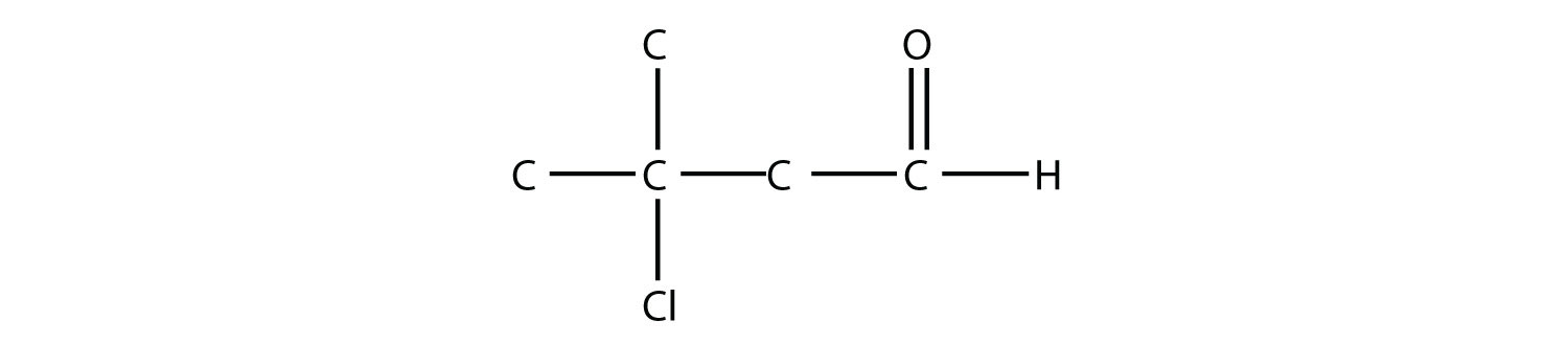 Una cadena de cuatro carbonos con un grupo metilo y cloro en el segundo carbono y un aldehído en el cuarto carbono.