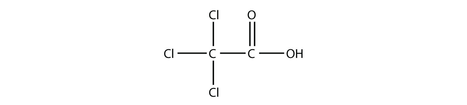 Una cadena de dos carbonos con tres cloros en el primer carbono y un carbonilo y alcohol en el segundo carbono.