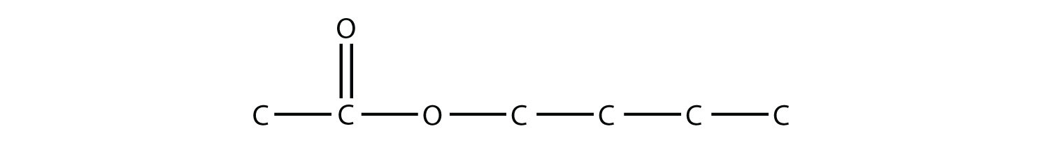 Una cadena de dos carbonos con un carbonilo en el segundo carbono se une a una cadena de cuatro carbonos a través de un éter.