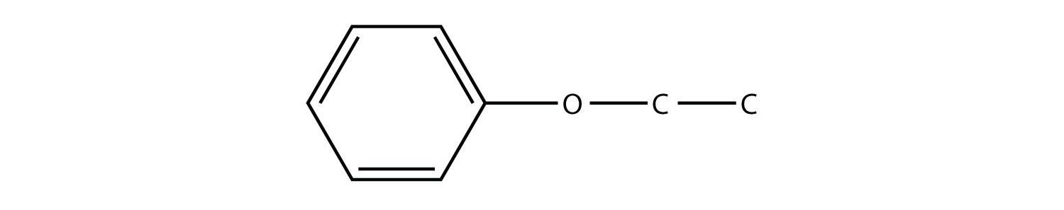 Un benceno está conectado a una cadena de dos carbonos a través de un éter.