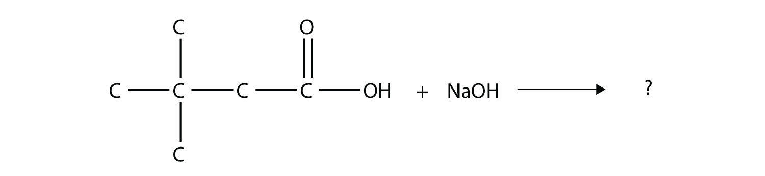 Una cadena de cuatro carbonos con dos grupos metilo en el segundo carbono y un grupo carbonilo e hidroxi en el cuarto carbono reacciona con hidróxido de sodio.