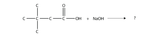 A chain of four carbons with two methyl groups on the second carbon and a carbonyl and hydroxy group on the fourth carbon reacts with sodium hydroxide.