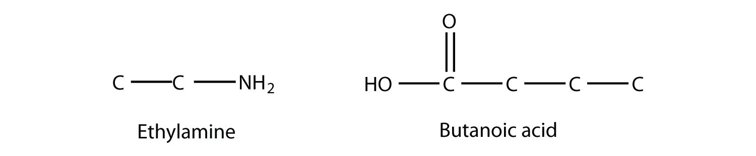 Estructuras de etilamina y ácido butanoico.