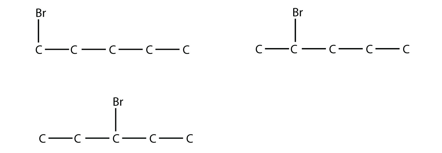 Bromo en una cadena de cinco carbonos que se muestra en los carbonos (a) primero, (b) segundo y (c) tercero.