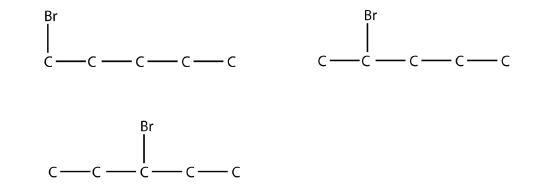 Bromine on a five carbon chain shown on the (a) first, (b) second, and (c) third carbons.